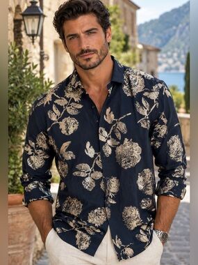 Men's Long-Sleeve Navy Button-Down Shirt with Metallic Gold Floral Print
